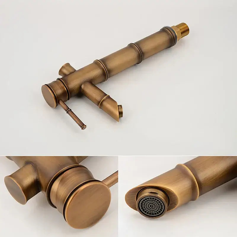 DecorBites antique brass bamboo basin faucet with matte finish and segmented design for hot and cold water use