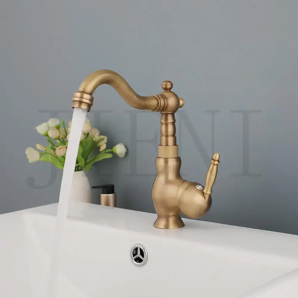 DecorBites antique brass basin faucet with elephant design curved spout and decorative handle for kitchen use