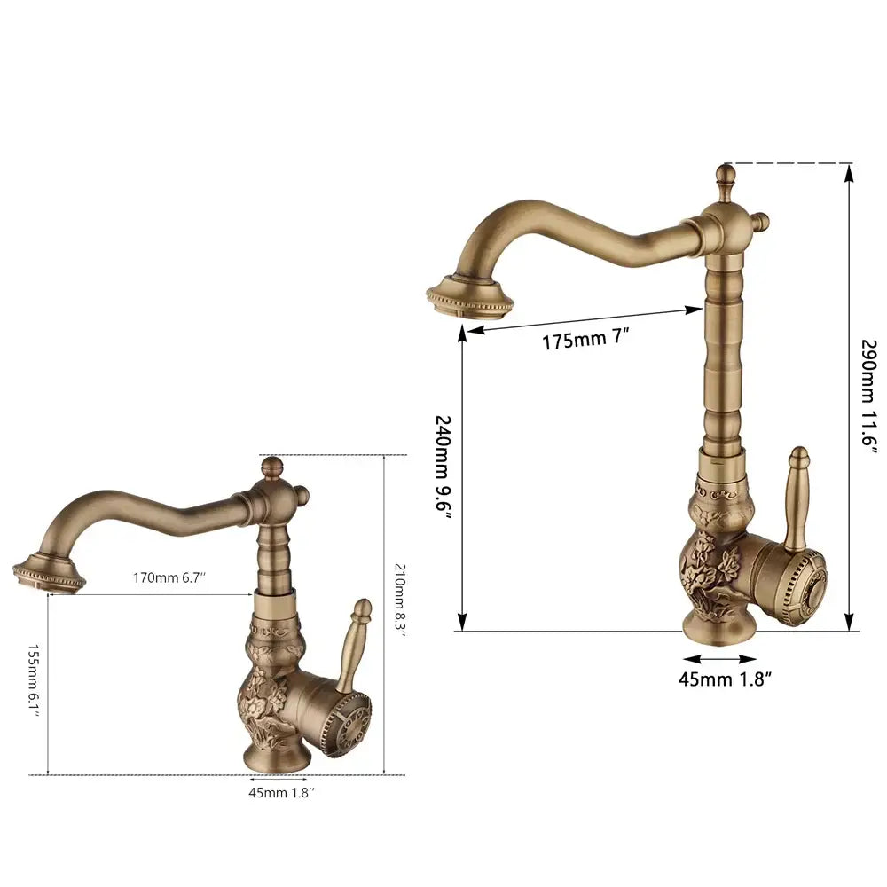 Decorbites antique brass basin faucet with ornate floral detailing and curved spout for kitchen use