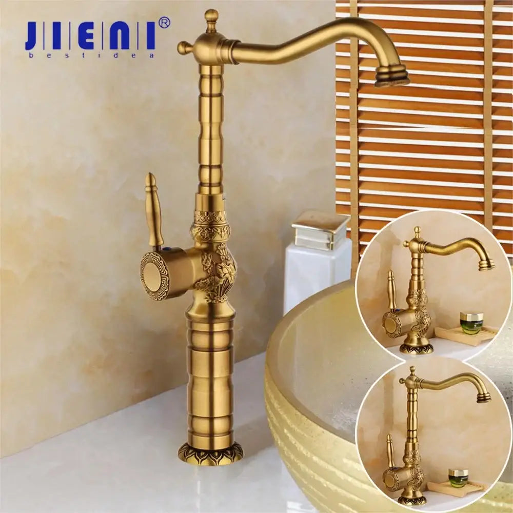 Decorbites antique brass basin faucet with brass finish, ornate floral detailing, and high-arc 360 rotation spout