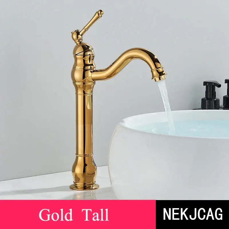 Gold tall basin faucet with sleek ornate design and polished finish in decorbites antique brass hot cold mixer tap