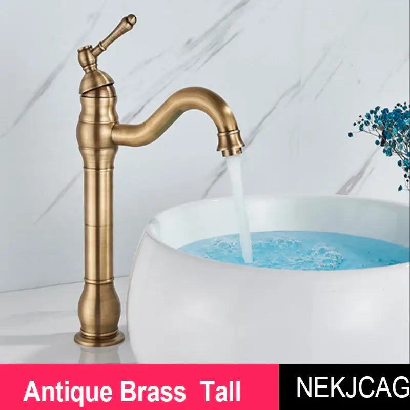 DecorBites antique brass basin faucet with tall single handle curved spout and decorative ridged detailing for sink use