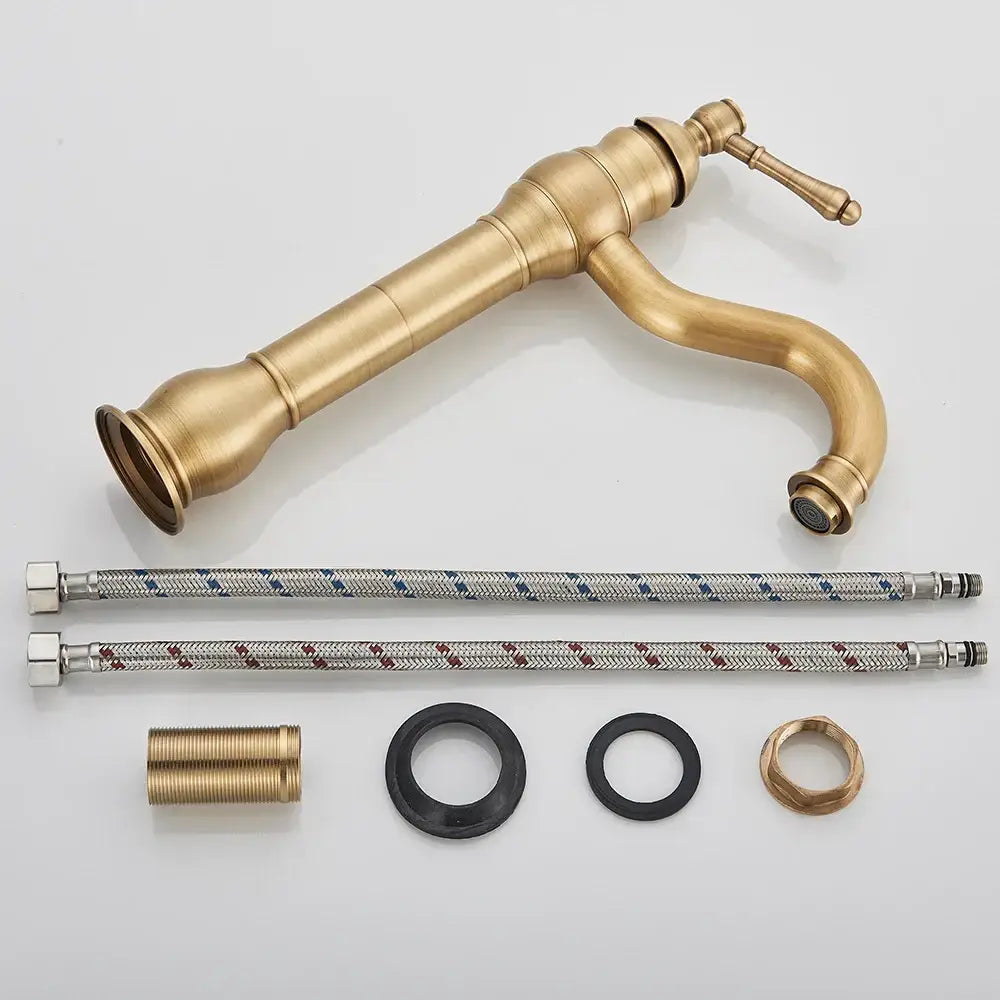 Decorbites antique brass basin faucet single handle mixer tap with curved spout and decorative ridged body