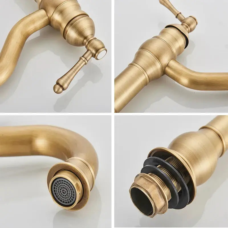 Decorbites antique brass basin faucet with classic two-handle design and antique brass finish for kitchen use
