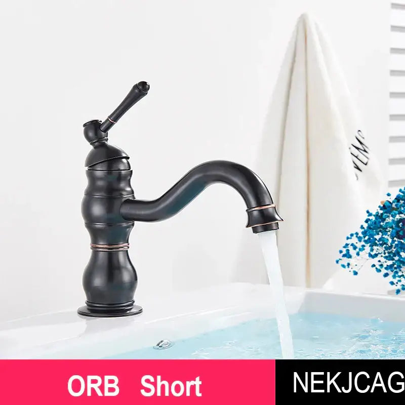 Black matte finish decorbites antique brass basin faucet with curved spout ornate handle and copper accents