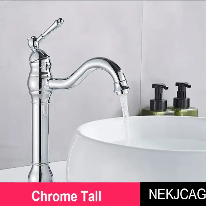 Decorbites antique brass basin faucet with chrome finish, classic ornate design, and arched spout for sink use