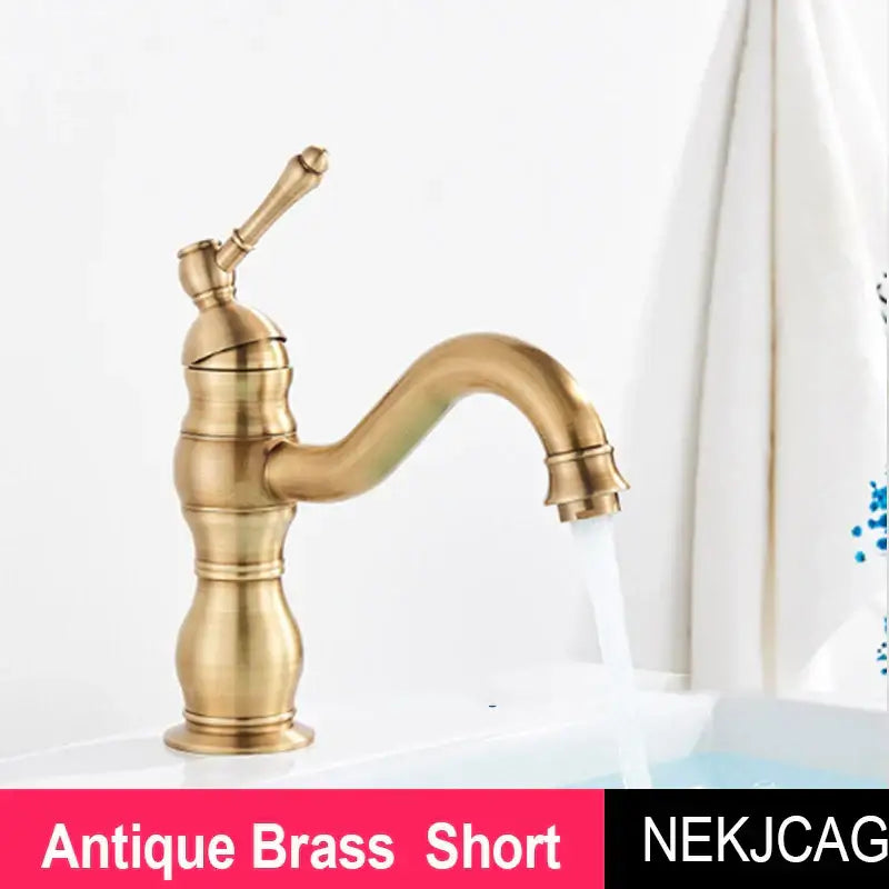 Decorbites antique brass basin faucet featuring a short curved spout with classic ornate design for sink use