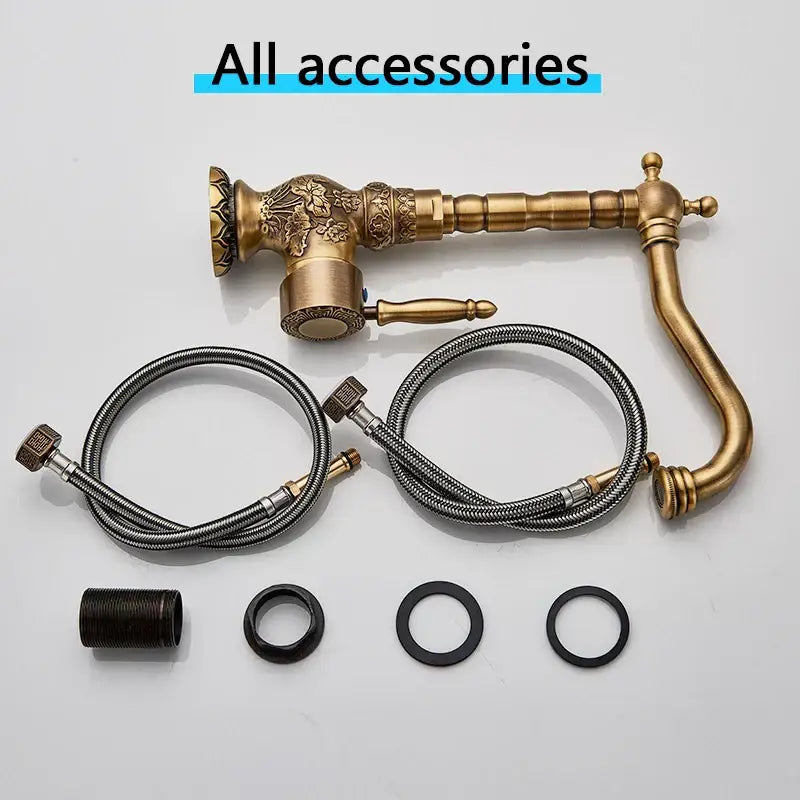 Decorbites antique brass basin faucet with long spout flower carved design single lever handle and braided hoses