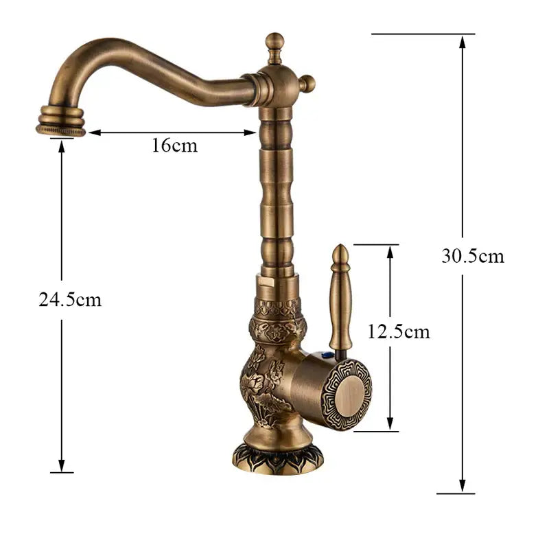 Decorbites antique brass basin faucet with ornate floral and geometric embossing and 360 rotation long spout