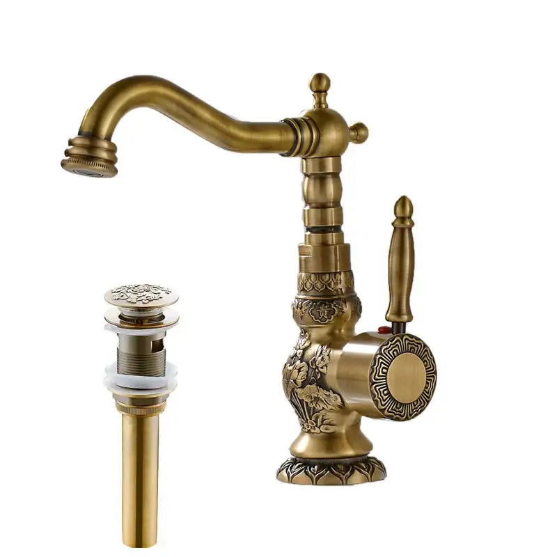 Decorbites antique brass basin faucet with long spout and ornate floral carved detailing with 360 rotation