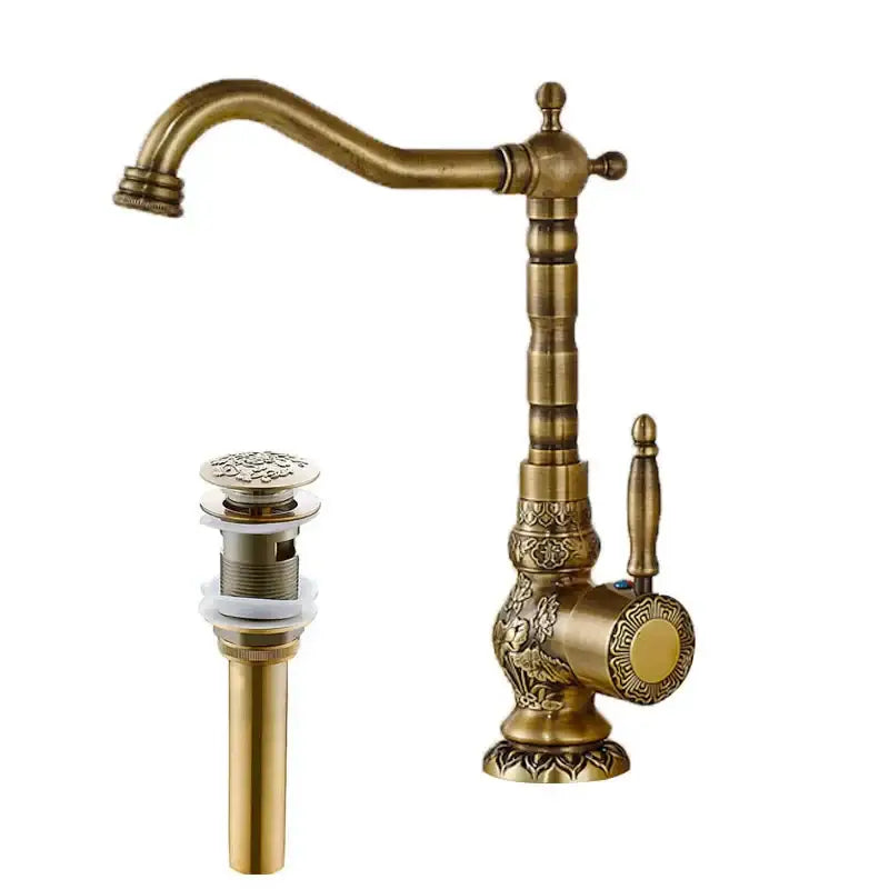 DecorBites antique brass basin faucet with long spout 360 rotation and ornate floral geometric detailing