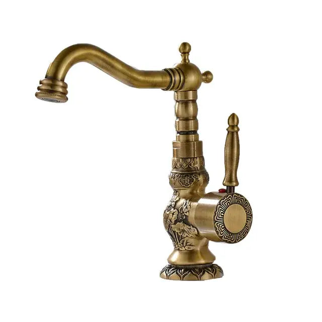 Antique brass basin faucet by decorbites with ornate flower carvings, long curved spout, decorative handle, 360 rotation