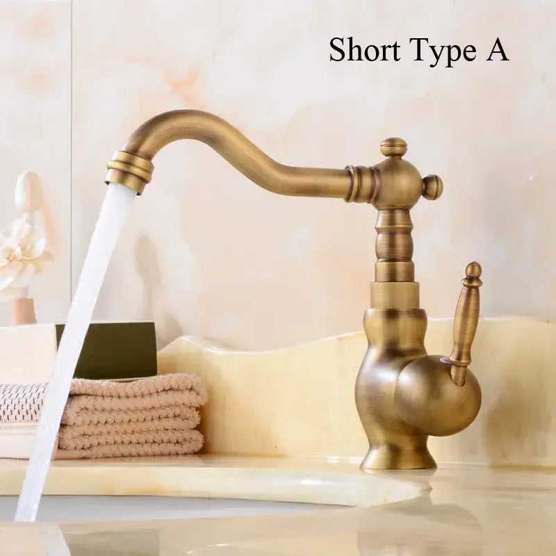 Decorbites antique brass basin faucet with vintage style curved spout and ornate handle for kitchen sink mixer