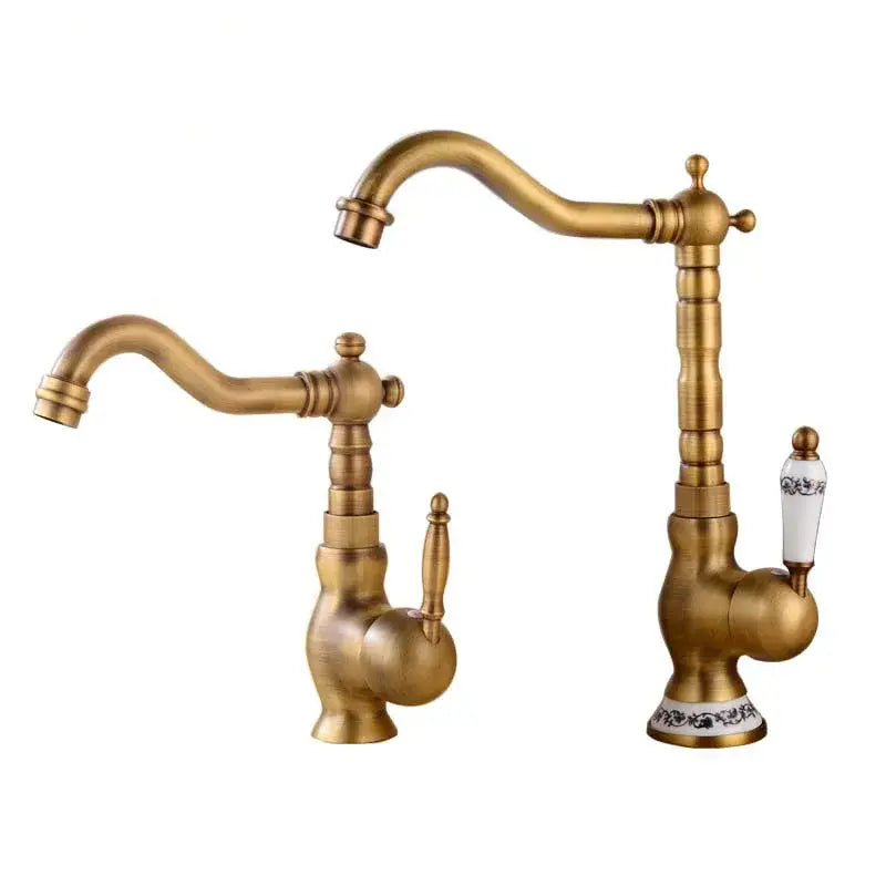 DecorBites™ antique brass basin faucet with ornate detailing and ceramic handles for kitchen sink mixer use