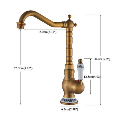 Decorbites antique brass basin faucet with rotatable porcelain handle and blue floral pattern base for kitchen sinks