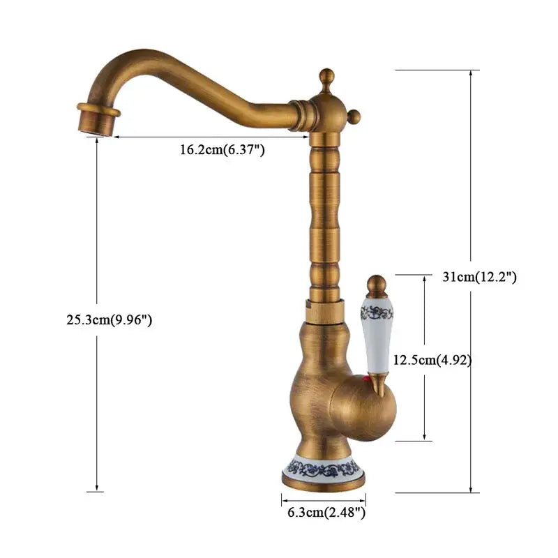 Decorbites antique brass basin faucet with rotatable porcelain handle and blue floral pattern base for kitchen sinks
