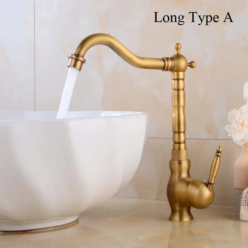 Decorbites™ antique brass basin faucet with curved spout and segmented body for single hole kitchen sink mixer