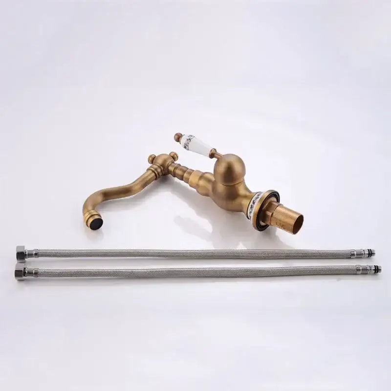 DecorBites™ antique brass basin faucet with ceramic handle and two flexible metal hoses for kitchen sink mixer