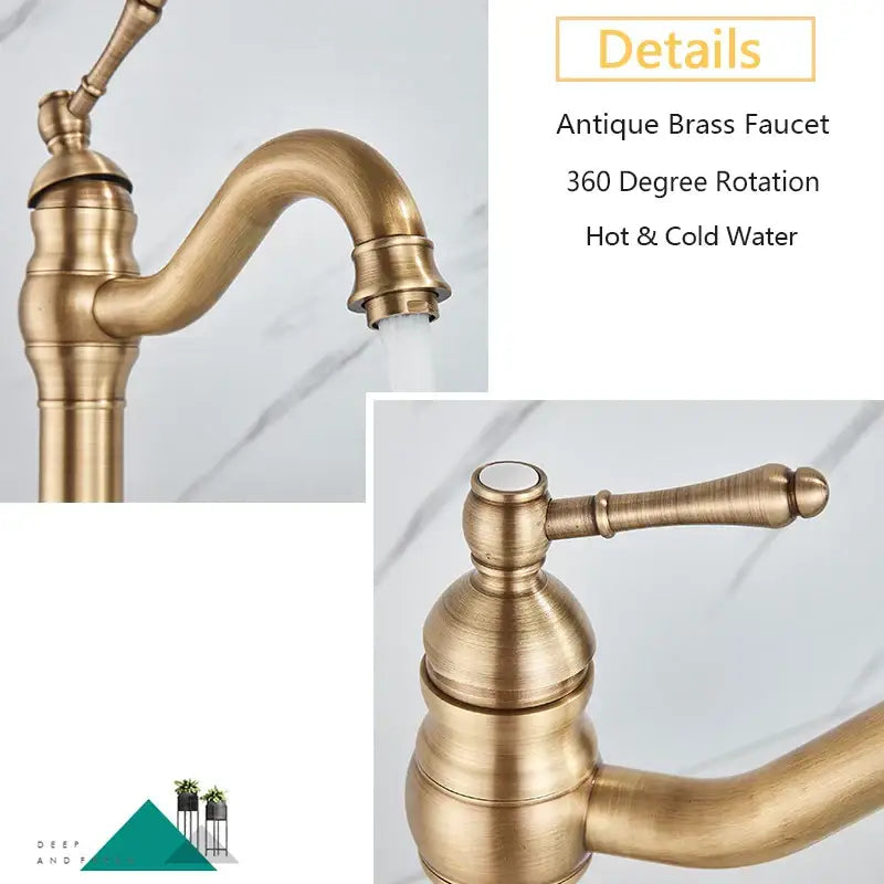 Decorbites antique brass basin faucet with curved spout and ornate handle featuring 360-degree rotation for hot and cold water control