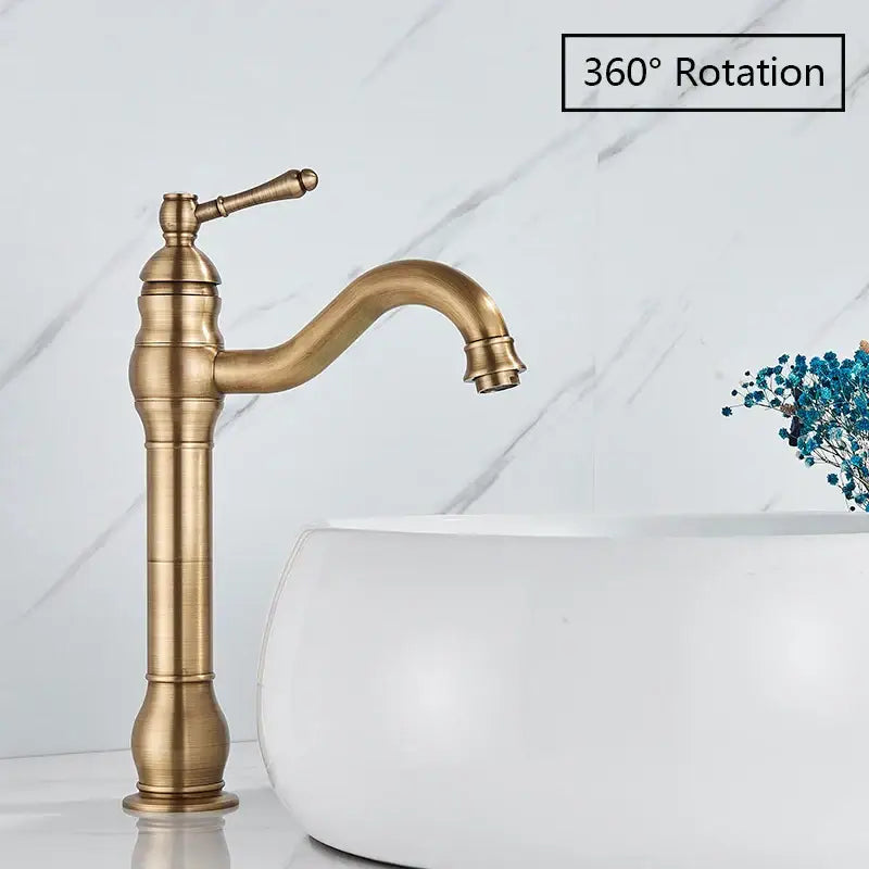 DecorBites antique brass basin faucet single handle bathroom mixer tap with curved spout and ornate detailing