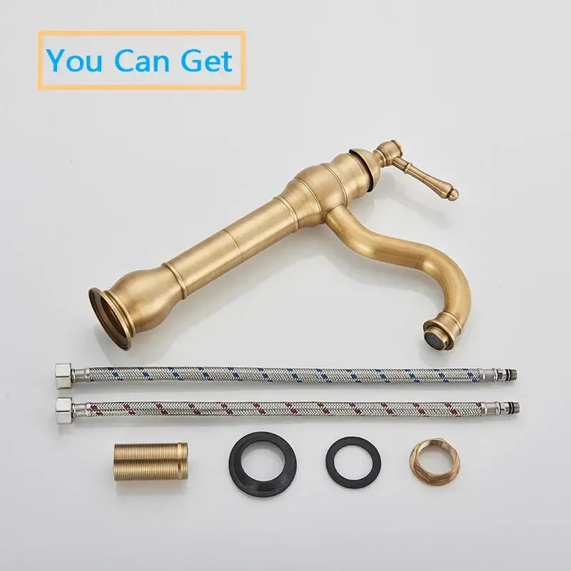 DecorBites antique brass basin faucet single handle bathroom mixer tap with curved spout and decorative ridged body