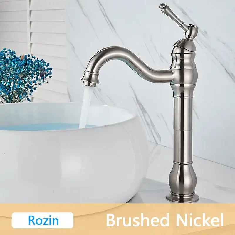 Decorbites antique brass basin faucet with brushed nickel finish tall curved spout and ornate single handle mixer tap