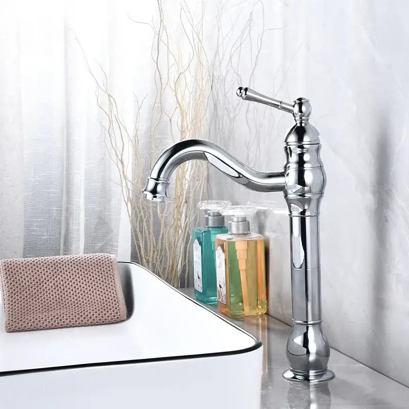 Decorbites antique brass basin faucet vintage style with chrome finish curved spout and ornate handle for vessel sinks