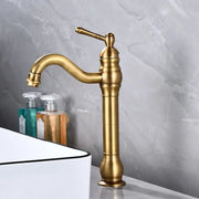 DecorBites antique brass basin faucet with single handle and curved spout for vessel sink mixer tap in antique brass finish