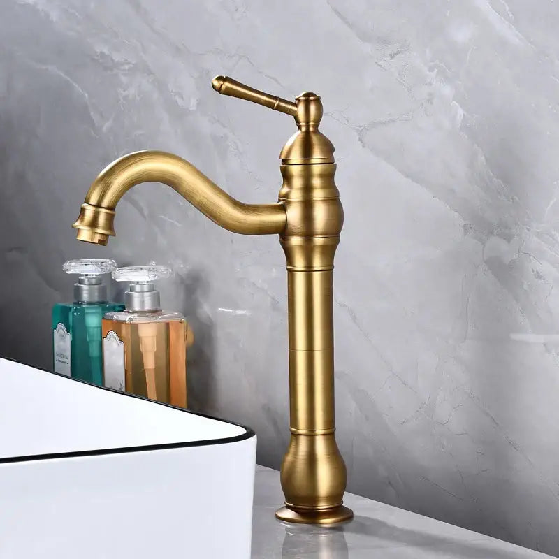 DecorBites antique brass basin faucet with single handle and curved spout for vessel sink mixer tap in antique brass finish