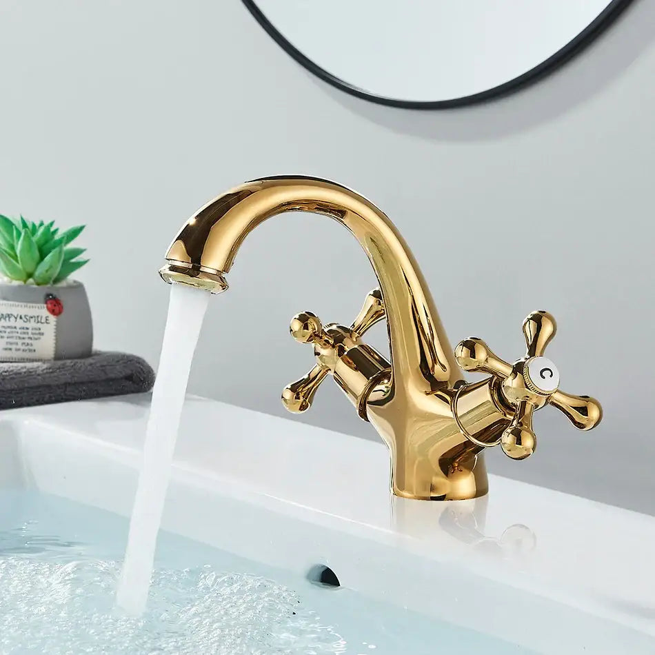 Decorbites antique brass basin faucet with curved spout and cross handles solid brass single hole deck mounted mixer tap