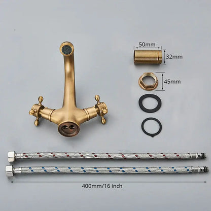 Decorbites antique brass basin faucet with twin decorative cross handles and braided silver and blue red hoses