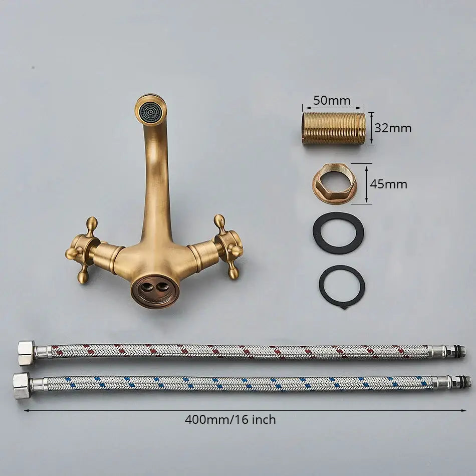Decorbites antique brass basin faucet with twin decorative cross handles and braided silver and blue red hoses