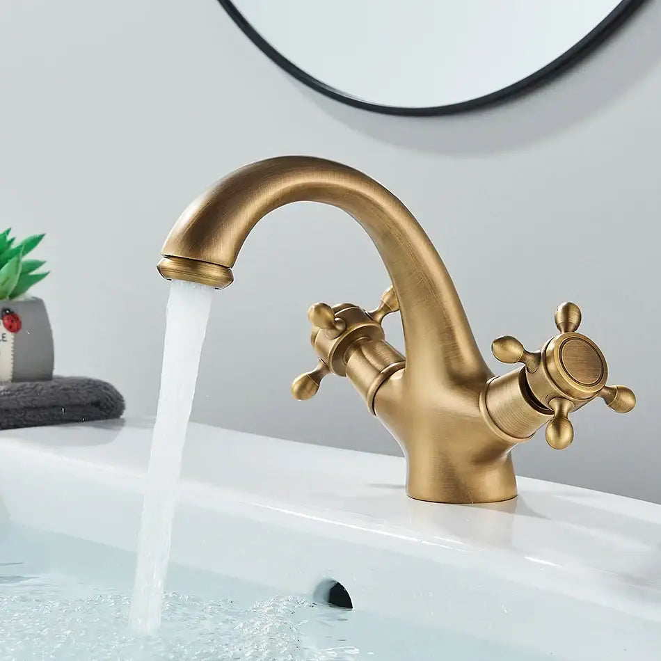 DecorBites antique brass basin faucet with ornate cross-handle design solid brass single hole deck mounted mixer tap