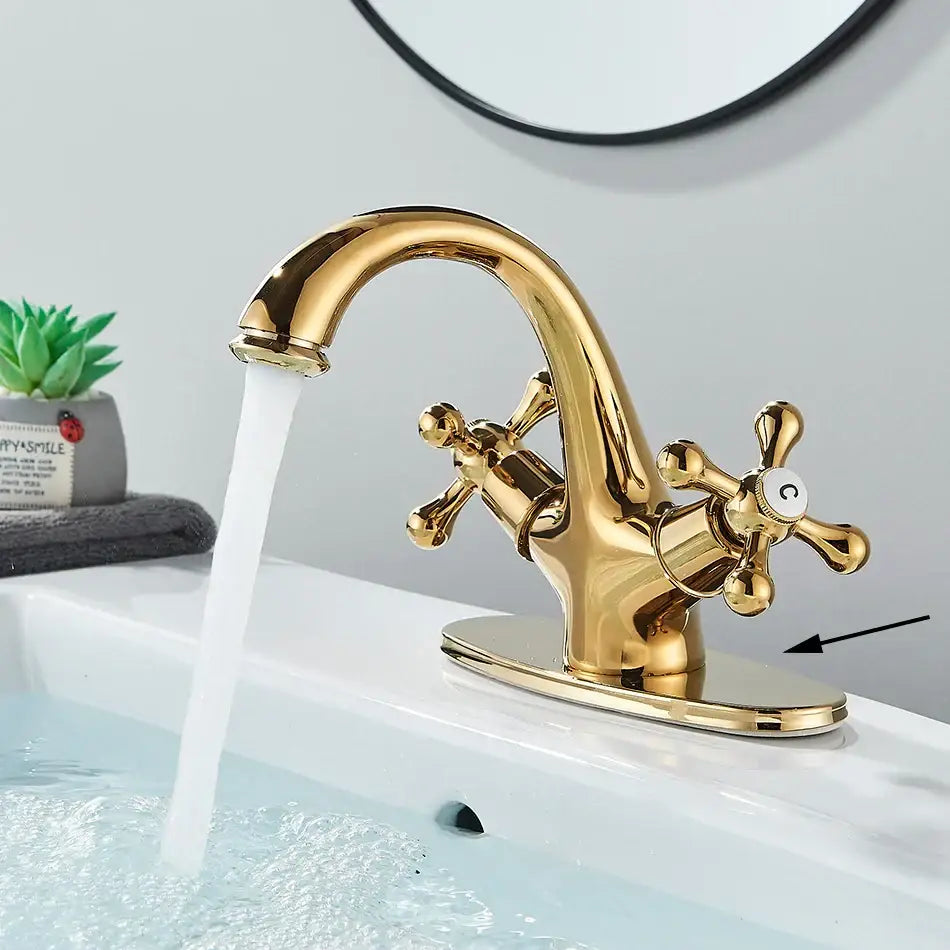 DecorBites antique brass basin faucet with cross handles polished solid brass single hole deck mounted mixer tap