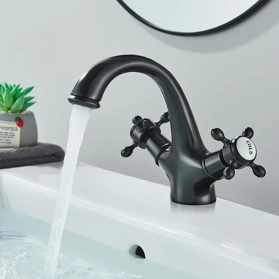 DecorBites antique brass basin faucet with black matte finish cross handles and cold labeled knob for single hole deck mounting