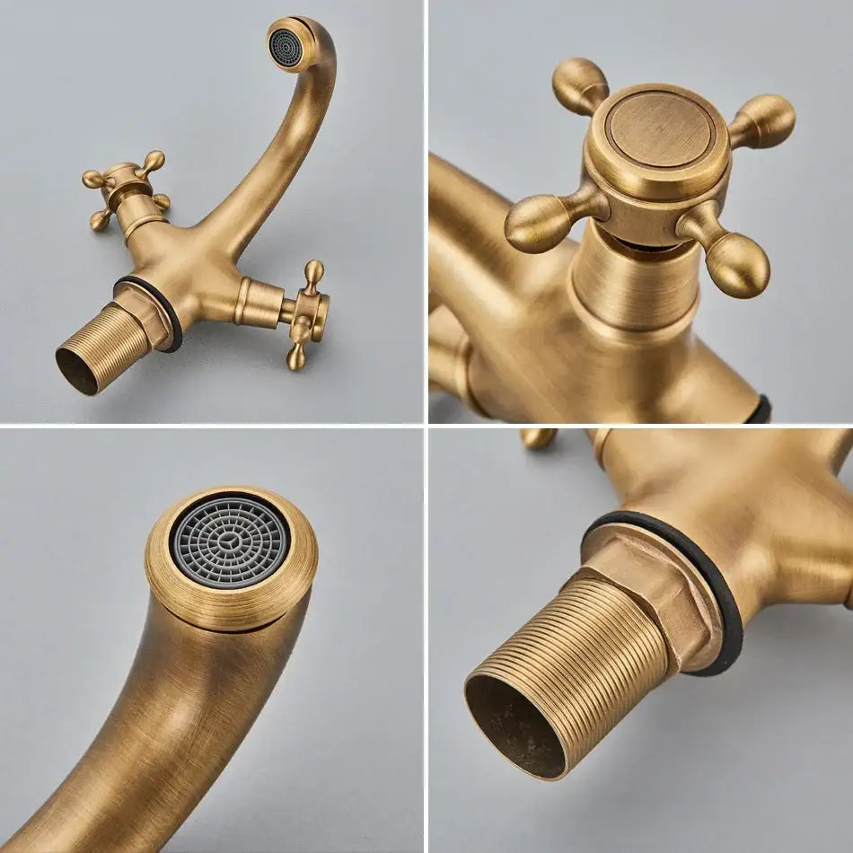 Decorbites antique brass basin faucet with curved spout and cross-handle knobs solid brass single hole mixer tap