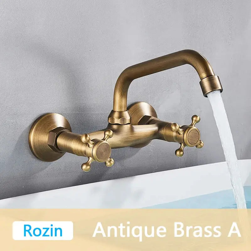 DecorBites antique brass basin faucet wall mounted with dual handles and curved swivel spout mixer tap in antique brass