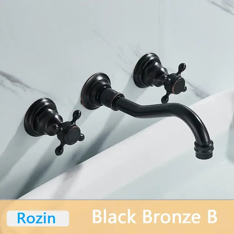 Decorbites antique brass basin faucet wall mounted with black bronze dual handles and curved swivel spout mixer tap