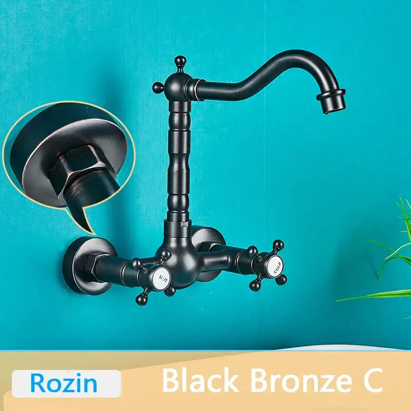 Black bronze farmhouse-style basin faucet with curved spout and dual cross-handle knobs by DecorBites antique brass