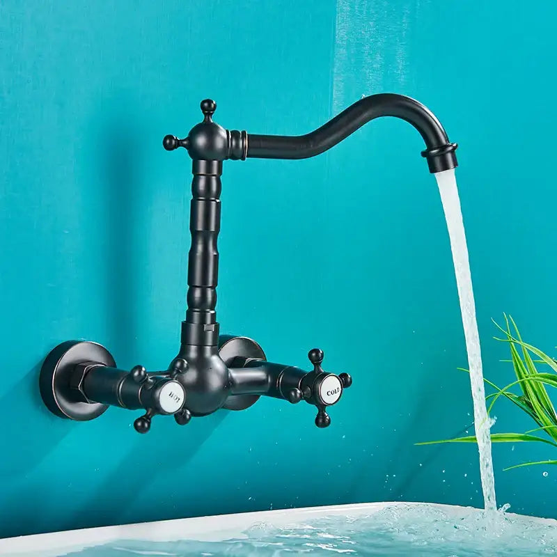 Black matte decorbites antique brass basin faucet wall mounted with dual cross handles and swivel spout mixer tap
