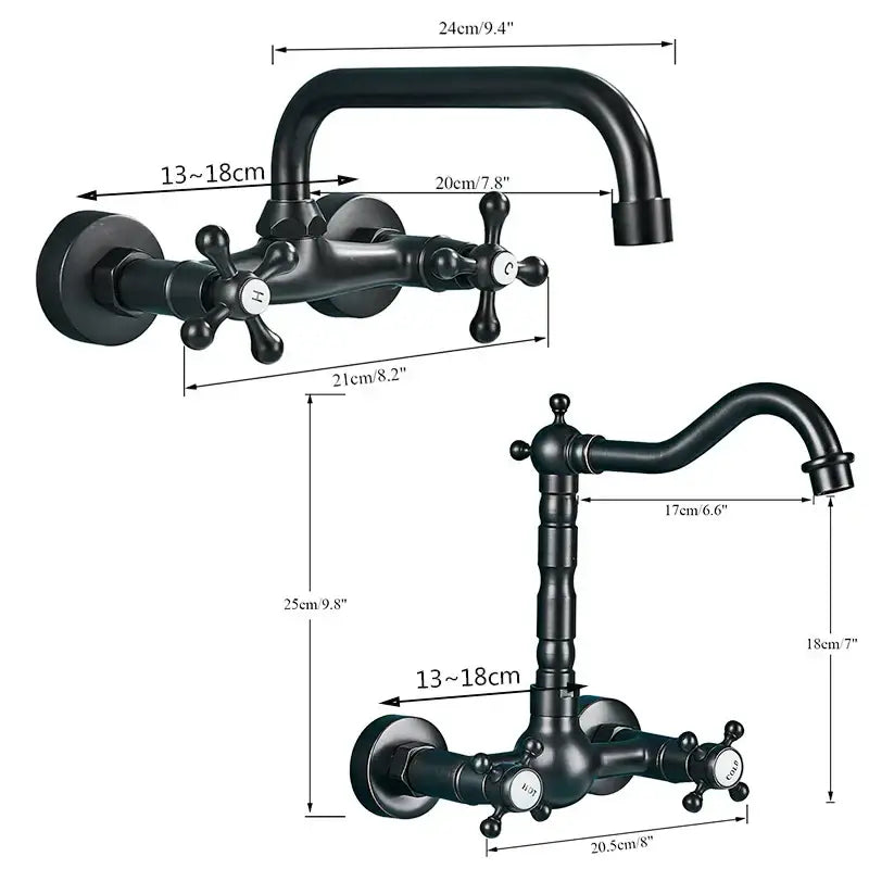 Decorbites antique brass basin faucet wall mounted with black matte finish cross handles and curved swivel spout