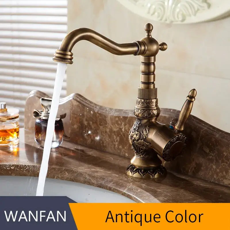 DecorBites antique brass basin faucet with single handle mixer taps featuring ornate floral detailing and curved spout