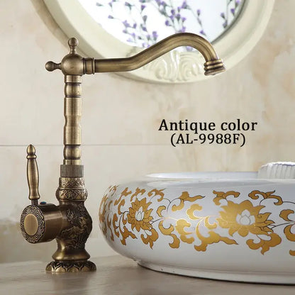 Decorbites antique brass basin faucet with single handle ornate detailing and curved spout for hot cold mixer taps