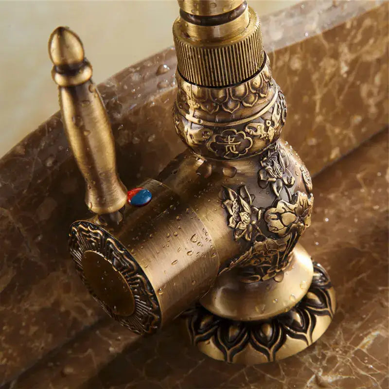 Decorbites antique brass basin faucet with intricate floral carvings and red blue temperature indicator hot cold mixer taps