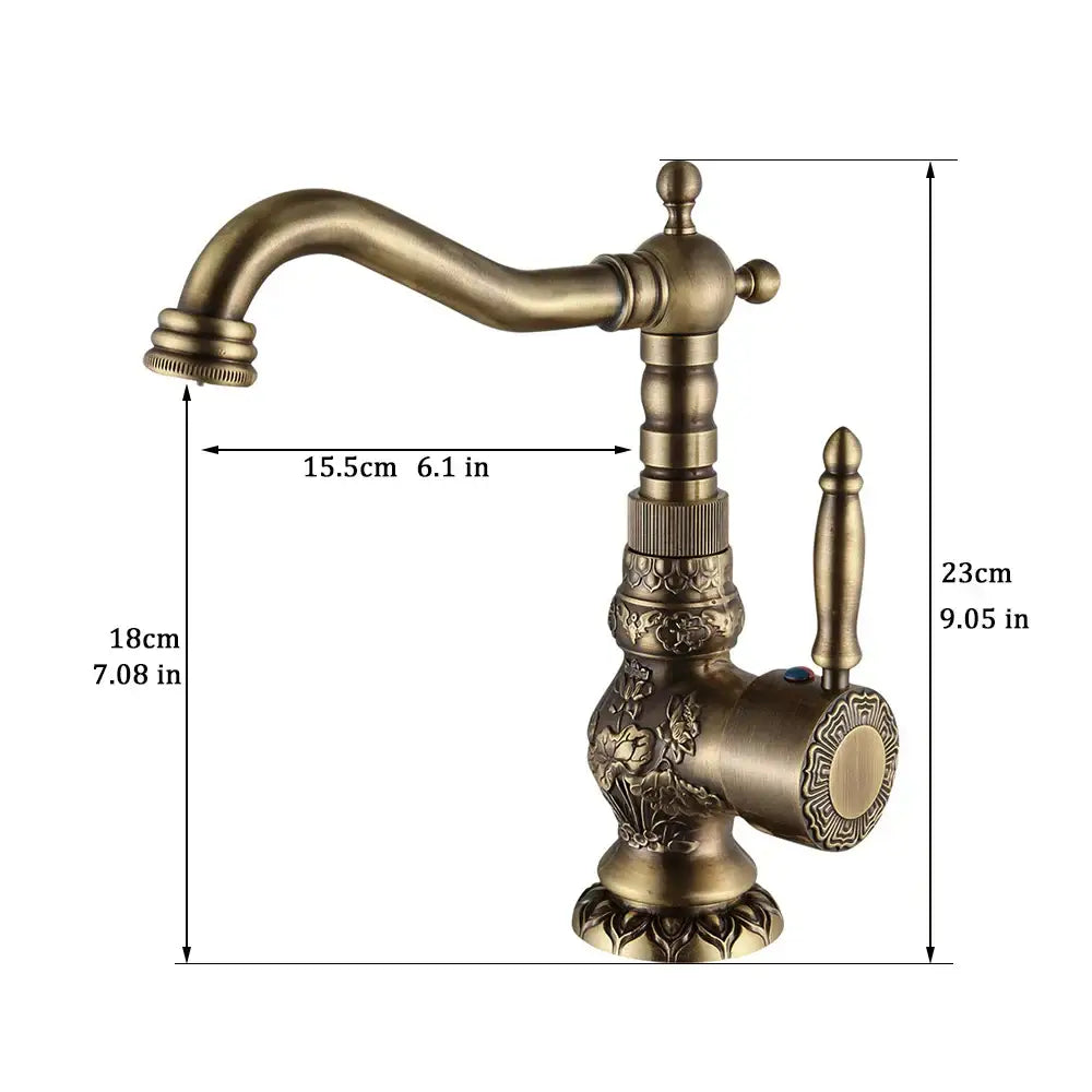DecorBites antique brass basin faucet with ornate floral and scrollwork detailing single handle mixer tap