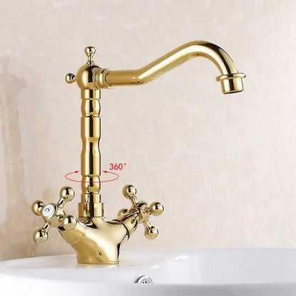 Decorbites antique brass basin faucet with gold finish, vintage-style curved swivel spout and ornate cross handles