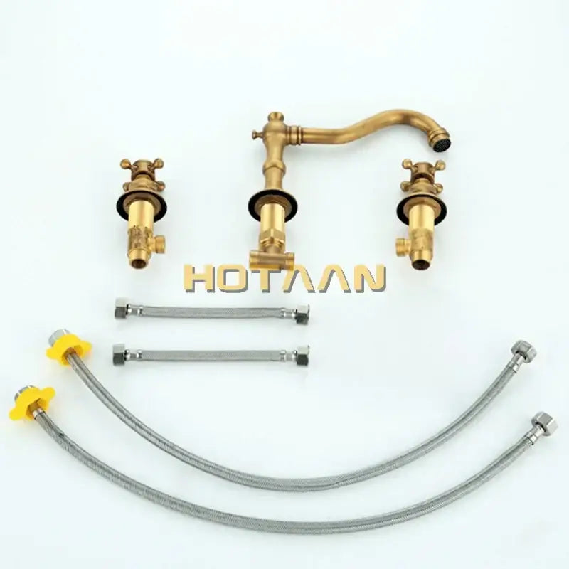 Decorbites antique brass basin mixer tap with dual cross handles deck mounted kitchen faucet and three flexible hoses