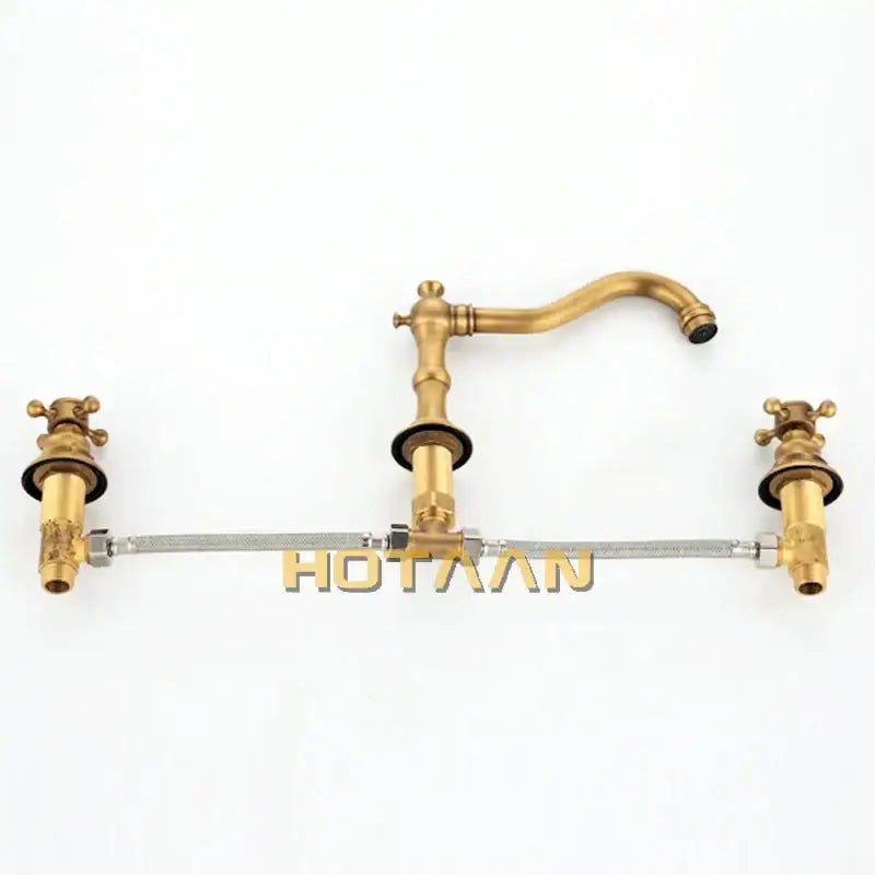 DecorBites™ antique brass basin mixer tap with dual handles and flexible tubing deck mounted kitchen faucet
