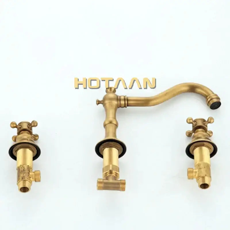 Decorbites antique brass basin mixer tap with three brass-finished handles and black seals deck mounted faucet