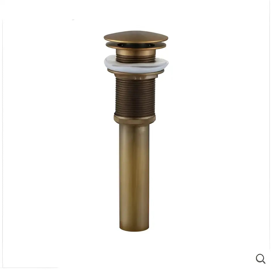 DecorBites™ antique brass basin sink drain with a sleek cylindrical body and rounded top cap in antique brass finish